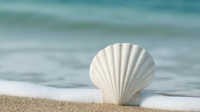 Close-up of a white seashell on sandy beach gently touched by rolling waves showcasing soft natural light and serene ocean environment with blurred water in the background