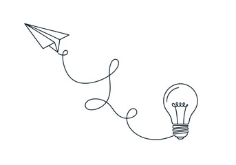 Vector illustration of minimalist continuous line drawing of a paper airplane flying towards a light bulb, symbolizing idea generation and creativity