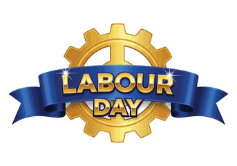 Vector illustration of golden gear with blue ribbon banner reading labour day celebration