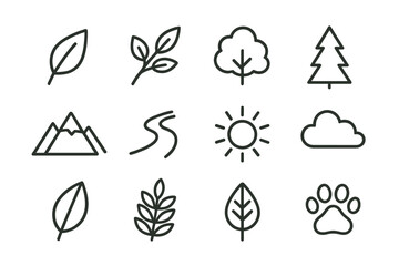Minimalist nature and outdoor symbols featuring trees, leaves, mountains, sun, and paw print
