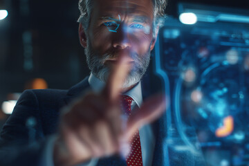 Businessman interacting with futuristic holographic interface
