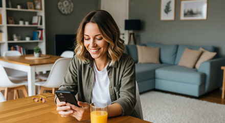 Woman smiling using smart phone sitting at wooden table in living room