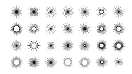 Vector illustration of collection of various handdrawn black and white starburst, sunburst, and explosion effect icons