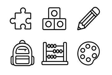 Outline icons for school and education featuring puzzle piece, building blocks, pencil, backpack, abacus, and paint palette