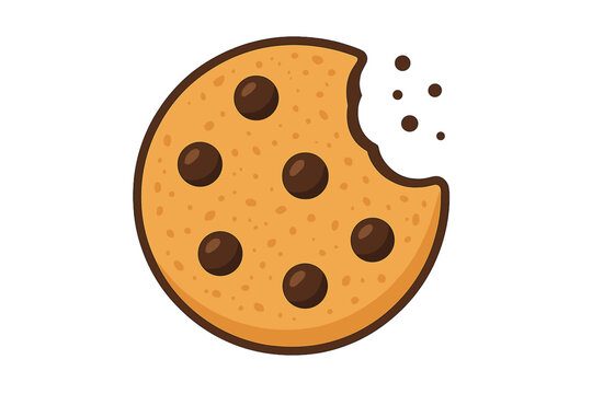 Classic round chocolate chip cookie with a missing bite mark and scattered crumbs