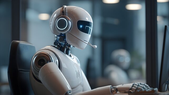 Chatbot conversation interface with AI technology, futuristic online customer service desk, holographic robot assistant, sleek modern office environment