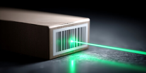 Close-up of a cardboard box with a barcode being scanned by a green laser beam on a dark surface with shallow depth of field