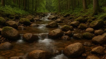Serene flowing river in a lush green forest setting featuring large smooth stones surrounded by vibrant vegetation captured in natural soft light throughout the scene
