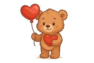 Adorable brown teddy bear character holding a red heart balloon and hugging a heart shape
