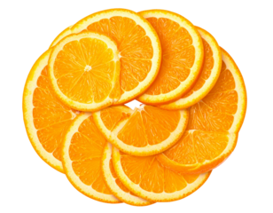 Fresh orange slices arranged creatively on a clean background. transparent background