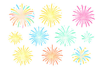Colorful watercolor style fireworks bursts collection for celebration and festive occasions