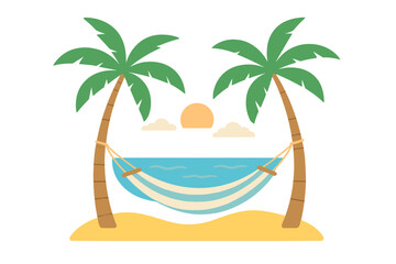 Hammock strung between two palm trees on a tropical beach at sunset overlooking the ocean