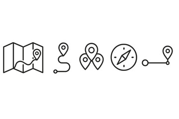Outline symbols collection for mapping, global positioning, travel routes, and directional guidance