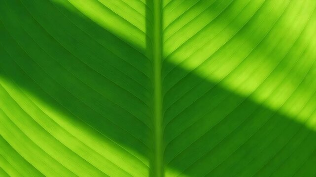Close-up view of vibrant green leaf texture with distinct vein patterns illuminated by soft natural light showcasing rich color variations and shadow play across the surface