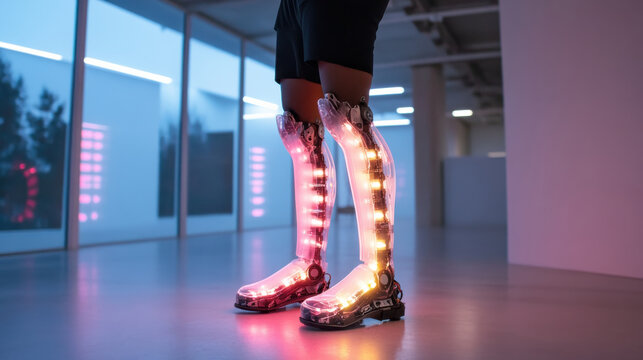 An innovative pair of robotic boots with vibrant LED lights stand in a modern, minimalist space, showcasing the intersection of technology and mobility in the contemporary era.