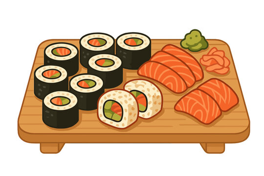 Japanese sushi and sashimi platter with maki rolls, salmon, wasabi, and ginger on a wooden board - Powered by Adobe