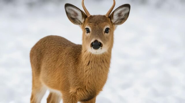 Young deer standing in a snowy landscape turning its head while the soft natural light highlights its fur texture in a tranquil winter setting