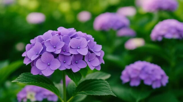 Close-up of vibrant purple hydrangea flowers blooming showcasing intricate petals and lush green foliage in a soft natural light environment with a blurred background of similar flowers