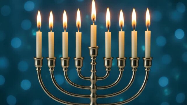 Close-up of a nine-branched menorah with lit candles glowing brightly set against a dark blue background with soft bokeh showcasing the illumination from the flames in a serene indoor environment