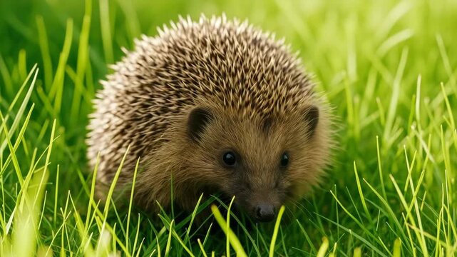 Close-up of a small hedgehog moving through lush green grass with soft natural lighting showcasing its spiky texture and round body in a serene outdoor habitat