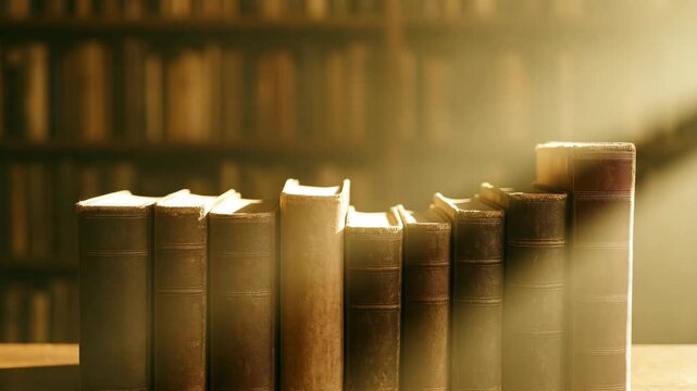 Old leather-bound books arranged on a wooden table in a library illuminated by soft light with a warm tone and a blurred background of bookshelves filled with more books creating an inviting study