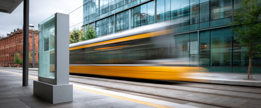 Blurred yellow tram moving quickly past modern glass building and old brick architecture at urban tram station platform