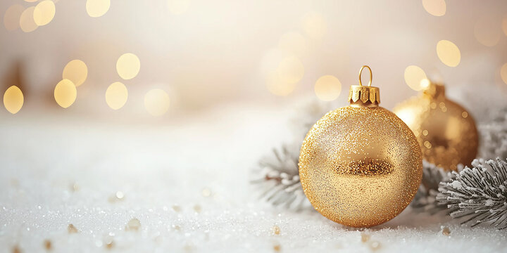 Christmas golden ornament ball and spruce tree close up, bokeh lights background. Merry Christmas and Happy Holidays greeting card, frame, banner. New Year. Noel. Winter festive xmas decoration.