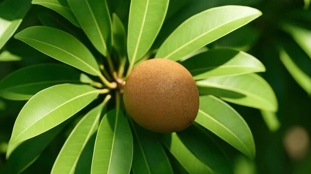 Close-up of a ripening brown sapodilla fruit nestled among glossy green leaves in bright sunlight showcasing natural textures and warm colors in a lush outdoor setting