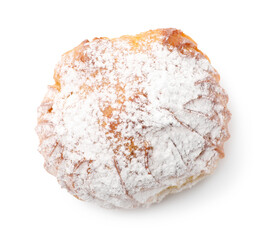 Tasty profiterole with powdered sugar isolated on white, top view
