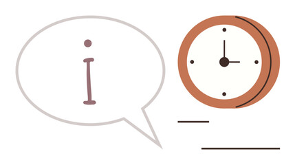 Speech bubble containing an information icon placed next to an analog clock. Ideal for concepts thumbs up time management, communication, information sharing, deadlines, planning, productivity