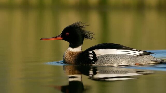 Colorful male common merganser swimming gracefully on calm water showcasing distinctive plumage details under soft natural light in serene aquatic setting