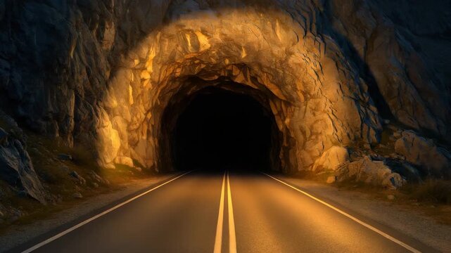 Wide view of a dimly lit tunnel entrance with rocky walls and illuminated edges showcasing the dark interior approaching from a straight road on a calm night