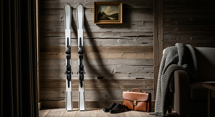 Skis leaning on wall in cozy alpine chalet interior, minimalist wooden room with painting, leather briefcase and elegant shoes, warm light, concept of winter sport and weekend rest