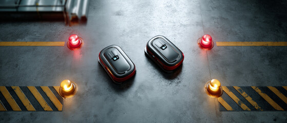 Two autonomous robotic floor cleaners operating in industrial space with safety warning lights and marked floor lines