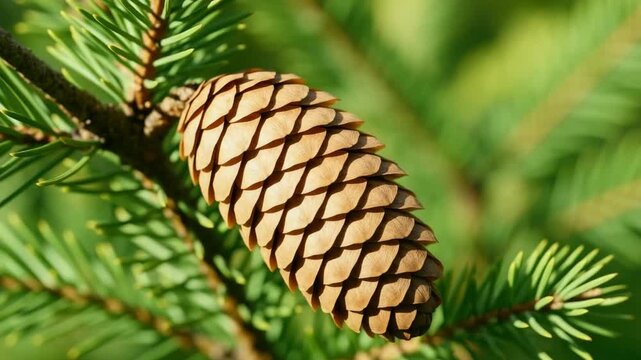 Close-up of a pine cone on a branch with vivid green needles in soft natural light showcasing detailed texture and warm brown hues against a blurred background in a tranquil outdoor setting.