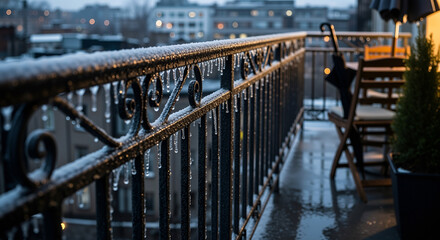 Sleet on metal railing at dusk, balcony with icicles and wet floor, cold winter rain over blurry city lights, melancholic urban mood, concept of freezing weather and slippery surface