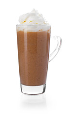 Delicious pumpkin latte with whipped cream in glass isolated on white