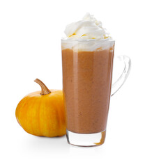Delicious pumpkin latte with whipped cream in glass and fresh vegetable isolated on white