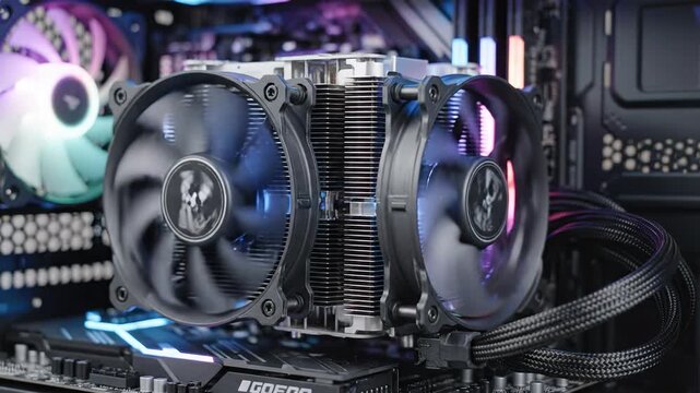 HighPerformance CPU Cooler with Dual Fans and RGB Lighting Installed on a Modern Gaming PC Motherboard for Optimal Thermal Management and Enhanced System Performance.