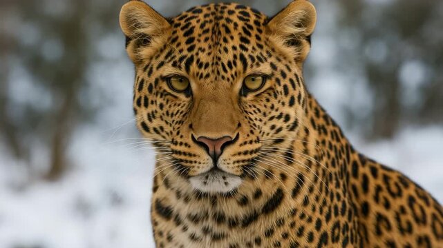 Close-up of a regal leopard gazing directly into the camera showcasing its distinct spotted fur pattern set against a soft natural backdrop with blurred greenery and snow illuminated by soft daylight