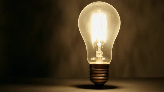 Illuminated vintage light bulb glowing softly in a dark setting transitioning from warm orange glow to bright white light showcasing the delicate filament structure and smooth glass surface