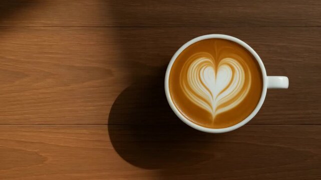 Top-down view of a latte with heart-shaped foam art on a wooden table surrounded by soft natural light and warm tones showcasing delicate patterns in the creamy milk.