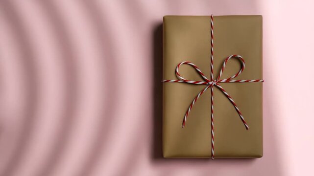 Top-down view of a beautifully wrapped gift box with red and white striped ribbon on a soft pink background featuring smooth textures and gentle shadows showcasing vibrant colors and a minimalistic