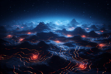 A cosmic design aesthetic energy map of fiery, luminous paths