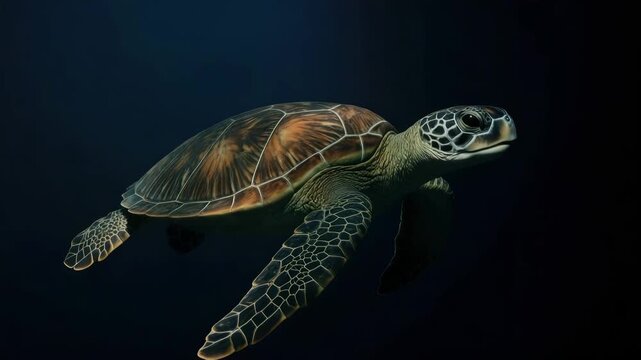 Close-up of a green sea turtle gracefully swimming in dark ocean waters showcasing detailed shell patterns and natural textures with soft dim lighting highlights