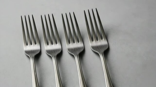 Close-up of four shiny stainless steel forks arranged in parallel on a gray surface showcasing their smooth textures and reflective surfaces captured in a minimalist kitchen setting