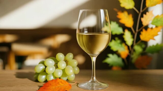 Elegant glass of white wine beside fresh green grapes and colorful autumn leaves on a wooden table showcasing soft natural light and cozy indoor setting - Powered by Adobe