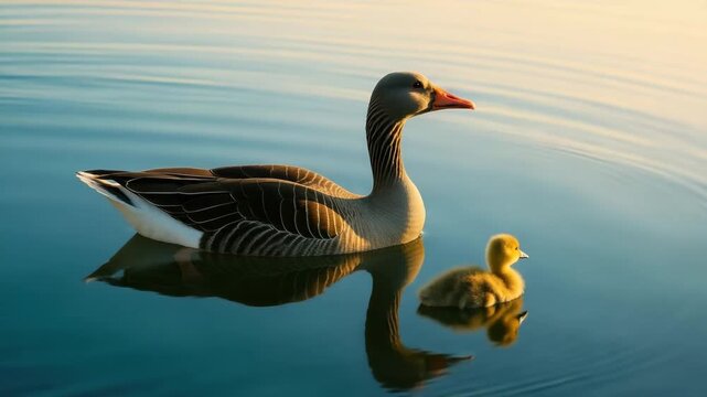 Graceful gray goose and fluffy yellow gosling swimming together in serene water during golden hour showcasing reflection on calm surface with warm soft light illuminating their feathers