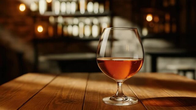 Close-up of a polished glass holding amber liquid on a wooden table in a warm-toned bar setting with softly illuminated bottles and blurred background elements creating a cozy atmosphere