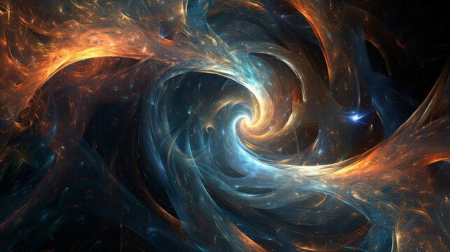 Abstract background of a swirling cosmic nebula in blue and orange. Futuristic spiral galaxy with flowing energy streams. Modern digital art wallpaper - Powered by Adobe